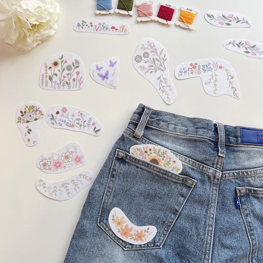 Jeans Pocket Flower Embroidery Pattern, Stick and Stitch Transfer, Water Soluble Pattern for Beginners