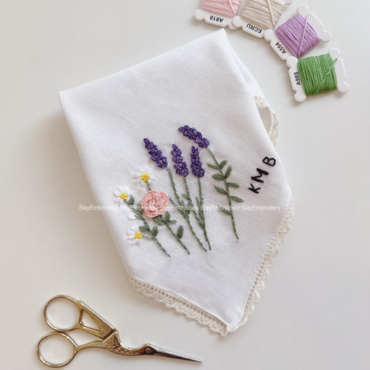 3D Lavender Daisy Wedding Handkerchief, Custom Embroidered Handkerchief, Linen Handkerchiefs