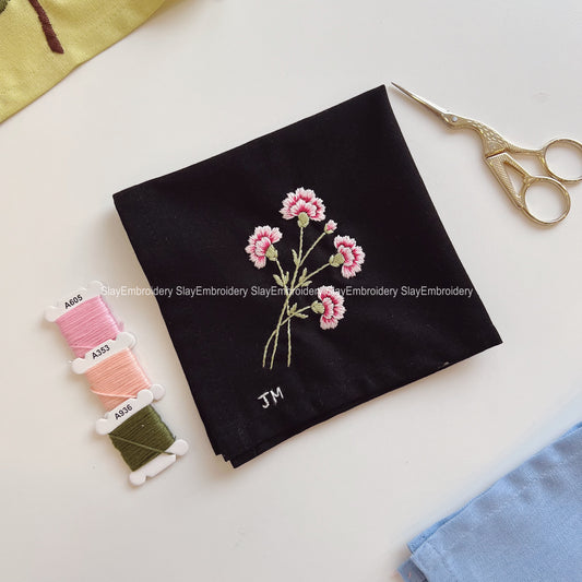 Carnation Flowers Wedding Handkerchief, Custom Embroidered Handkerchief, Linen Handkerchiefs