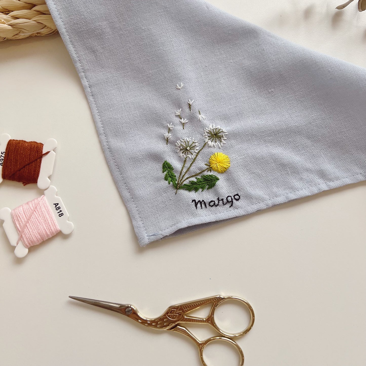 Dandelion Flowers Wedding Handkerchief, Custom Embroidered Handkerchief