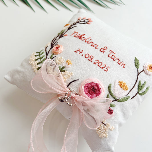 Custom Dusty Pink Roses Embroidered Ring Bearer Pillow Linen Wedding Cushion Hand Embroidery Ring Holder Floral Ring Pillow Wedding Gift