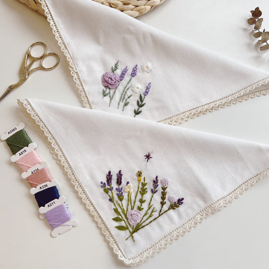 Purple Lavenders Wild Flowers Wedding Handkerchief, Custom Embroidered Handkerchief, Linen Handkerchiefs