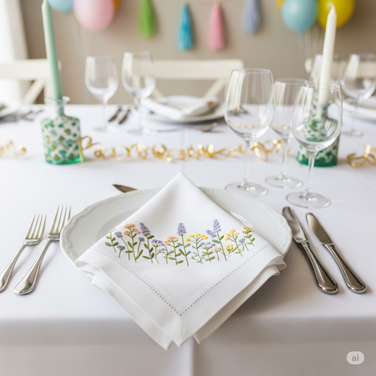 Wildflower Embroidered Linen Napkins – Elegant Floral Napkin – Rustic Wedding Table Decor Housewarming Gift, for Her or Hostess