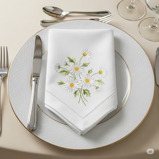 Daisy Delight Embroidered Linen Napkins – Elegant Floral Napkin – Rustic Wedding Table Decor Housewarming Gift, for Her or Hostess