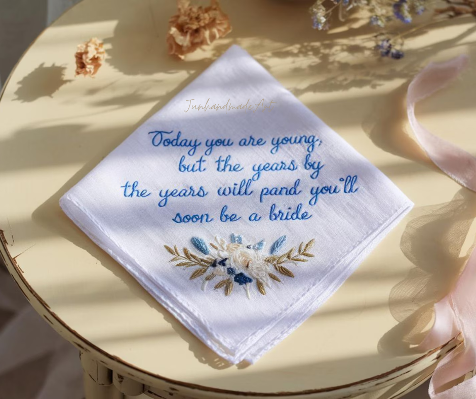 Personalized Wedding Handkerchief for Bride – Custom Embroidered Linen Hankie with Name, Date, or Quote – Bride Gift, Handmade Wedding Gift