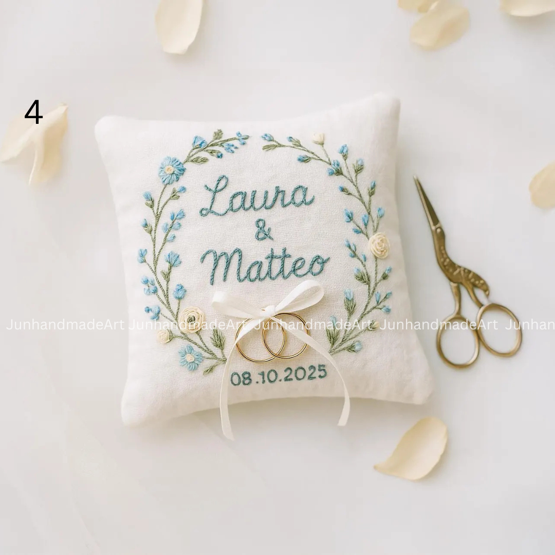 Floral Wreath Bearer Pillow Linen Wedding Cushion Hand Embroidery Ring Holder Floral Ring Pillow Wedding Gift