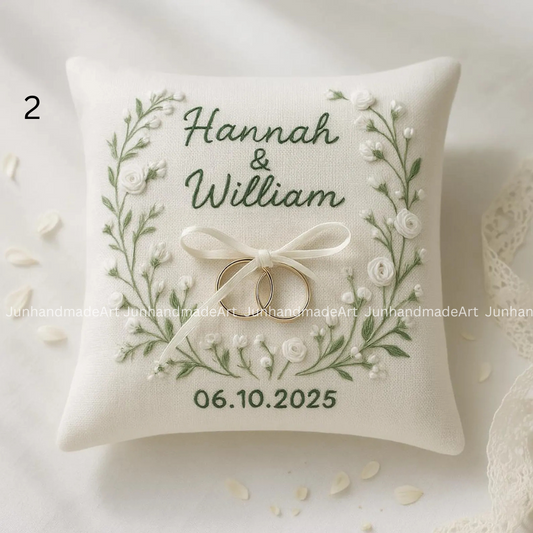 Floral Wreath Bearer Pillow Linen Wedding Cushion Hand Embroidery Ring Holder Floral Ring Pillow Wedding Gift