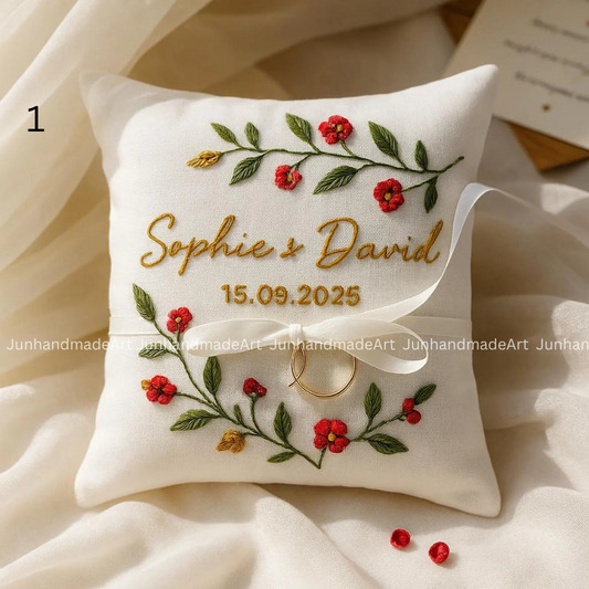 Floral Wreath Bearer Pillow Linen Wedding Cushion Hand Embroidery Ring Holder Floral Ring Pillow Wedding Gift