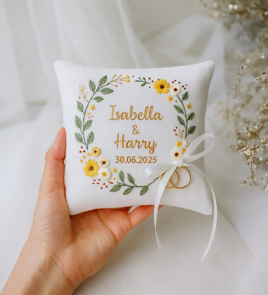 Personalized Ring Bearer Pillow, Hand Embroidered Wedding Ring Pillow, Custom Names Date, Yellow Daisy Wreath Ring Holder, Keepsake Gift Box