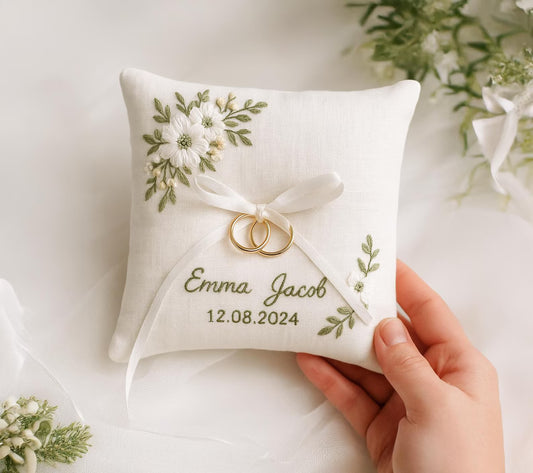 White Floral Embroidered Ring Bearer Pillow, Custom Linen Wedding Cushion, Hand Embroidery Ring Holder, Floral Ring Pillow, Wedding Gift