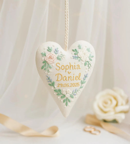 Personalized Embroidered Heart Ornament, Custom Couple Names Wedding Keepsake, Handmade Floral Bridal Gift Anniversary Decor for Couple Gift