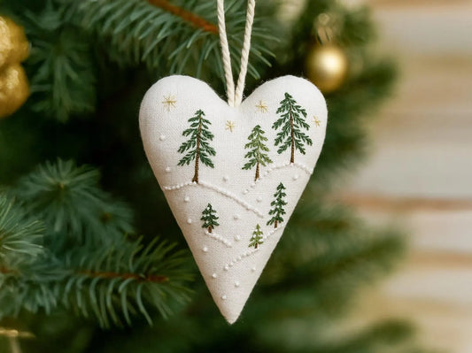 Heart Christmas Ornament, Hand Embroidered Snowy Pine Tree Landscape, Rustic Linen Christmas Decor, Christmas Keepsake Gift, Farmhouse Decor