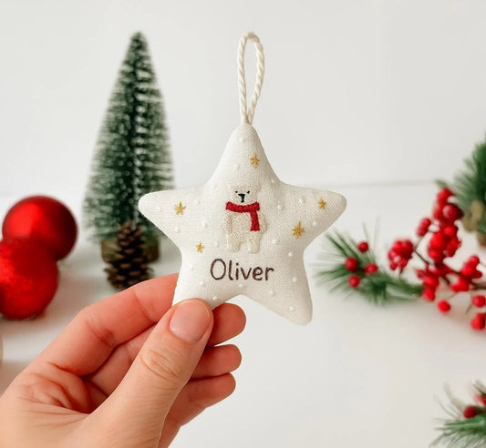 Personalized Christmas Star Ornament Hand Embroidered Polar Bear with Custom Name, Baby’s First Christmas Keepsake, Christmas Decoration