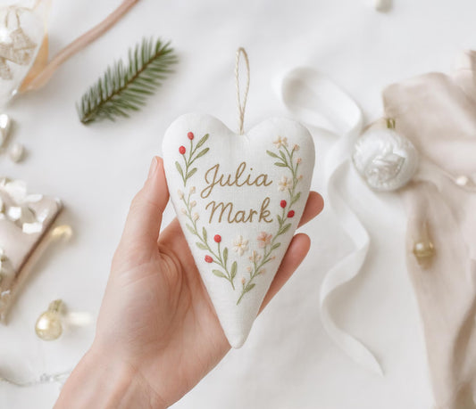 Personalized Wedding Heart Ornament – Hand Embroidered Linen Floral Ornament with Names & Date – Custom Wedding Christmas Gift Decoration