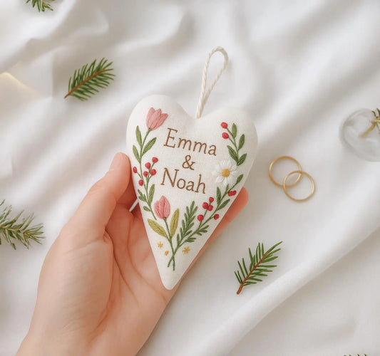 Personalized Wedding Heart Ornament – Hand Embroidered Linen Floral Ornament with Names & Date – Custom Wedding Christmas Gift Decoration