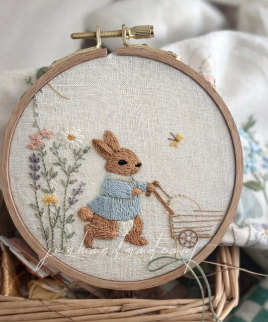 Hand Embroidered Bunny Linen Apron, Cottagecore Spring Apron with Floral Cart, Handmade Apron Gift for Her