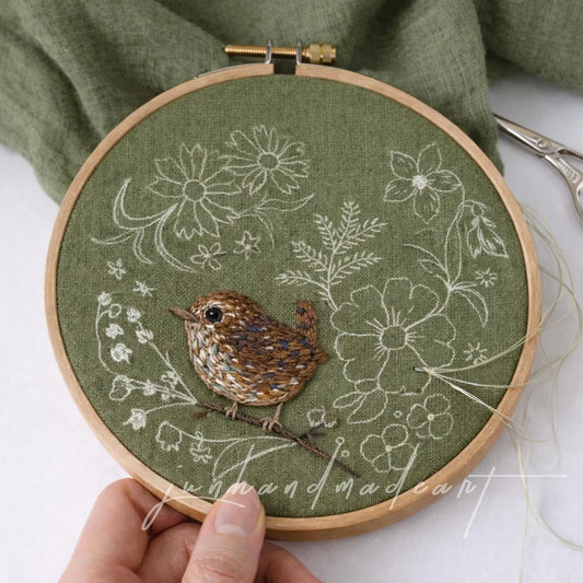 Hand Embroidered Bird Floral Linen Apron, Vintage Cottagecore Green Apron, Woodland Garden Apron, Handmade Nature Gift for Her