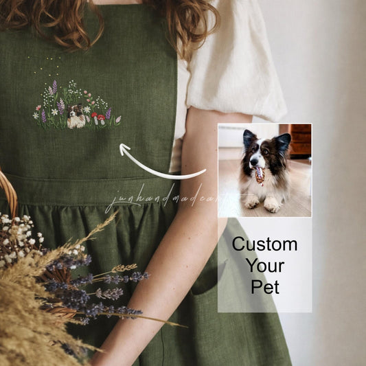 Custom Pet Portrait Embroidered Linen Apron, Personalized Cat Apron with Name, Handmade Gift for Pet Lovers