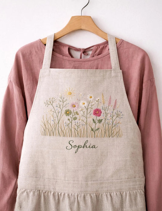 Personalized Wildflower Linen Apron, Hand Embroidered Floral Garden Apron with Name, Cottagecore Cooking Apron, Custom Gift for Her