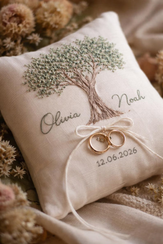 Personalized Embroidered Ring Bearer Pillow, Custom Linen Wedding Cushion, Hand Embroidery Ring Holder, Floral Ring Pillow, Wedding Gift