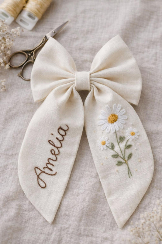 Cosmos Embroidered Hair Bow, Personalized Pink Linen Bow Clip, Custom Name Flower Girl Bow, Wildflower Bridal Hair Accessory Gift for Womens