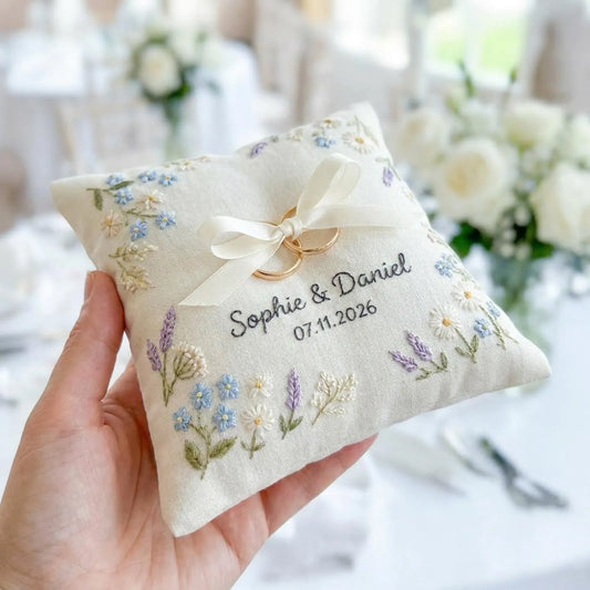 Personalized Floral Border Ring Bearer Pillow, Embroidered Wedding Pillow with Names Date, Custom Linen Ring Pillow, Handmade Wedding