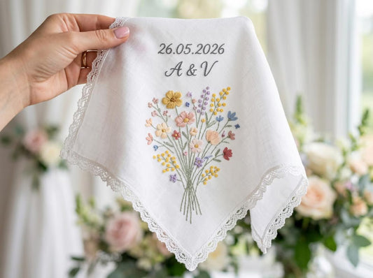 Embroidered Wedding Handkerchief – Custom Cottage Garden Hankie for Bride, Bridal Gift, Personalized with Name & Date, Gift for Bride
