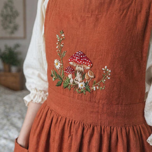 Personalized Linen Apron Dress, Hand Embroidery Strawberry Dress, Custom Name Cottagecore Apron, Floral Linen Dress, Rustic Farmhouse Outfit