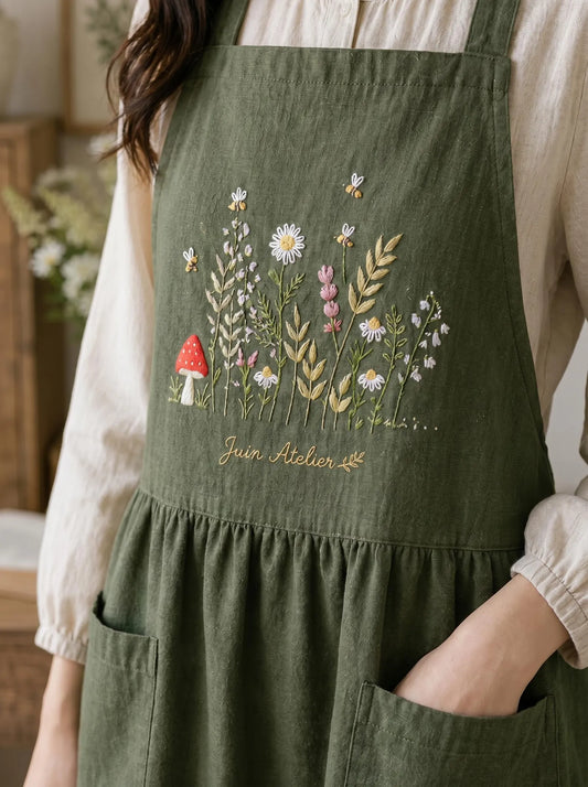 Hand Embroidered Linen Apron Dress, Lily of the Valley Dress, Cottagecore Olive Linen Dress Personalized Floral Apron, Rustic Elegant Outfit
