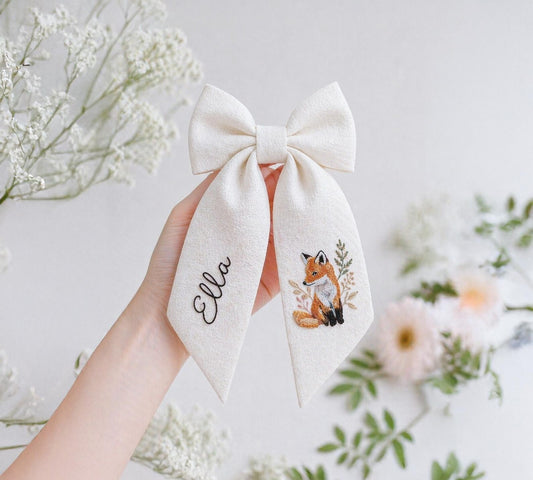 Personalized Fox Bow Hair Clip, Embroidered Linen Hair Bow, Custom Name Hair Clip, Woodland Baby Girl Bow, Handmade Gift for Kids