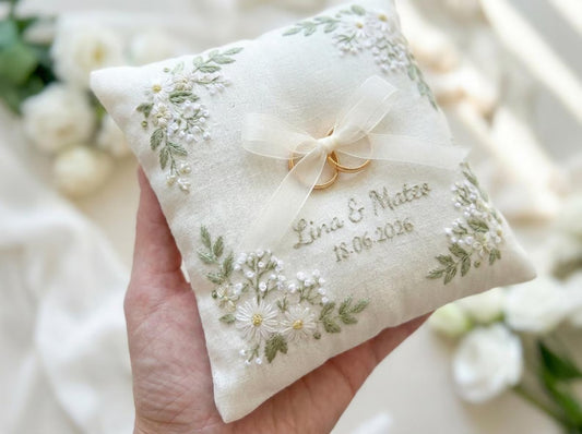 Daisy Meadow Embroidered Ring Bearer Pillow, Custom Linen Wedding Cushion, Hand Embroidery Ring Holder, Floral Ring Pillow, Wedding Gift
