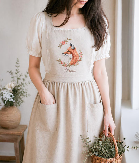 Personalized Fox Linen Apron, Hand Embroidered Woodland Animal Apron with Name, Cottagecore Autumn Apron, Custom Gift for Her