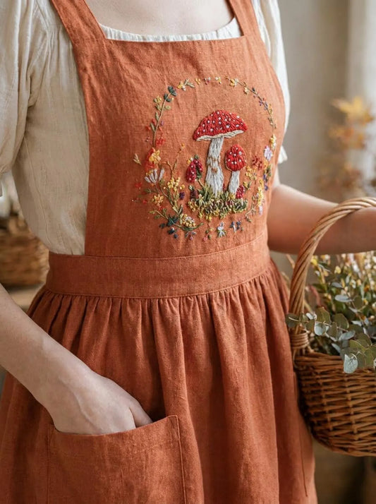 Hand Embroidered Linen Apron Dress, Cottagecore Mushroom Dress, Rustic Fall Outfit, Handmade Floral Apron, Vintage Linen Dress, Gift for Her