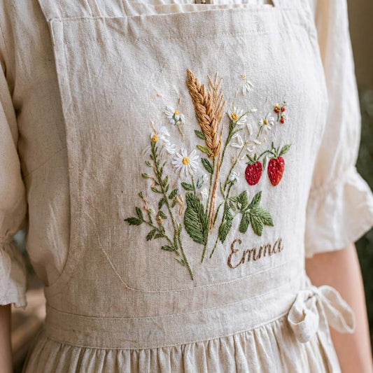Personalized Linen Apron Dress, Hand Embroidery Strawberry Dress, Custom Name Cottagecore Apron, Floral Linen Dress, Rustic Farmhouse Outfit