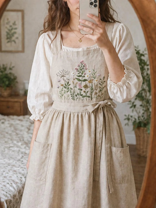 Hand Embroidered Linen Apron Dress, Wildflower Embroidery Dress, Cottagecore Linen Dress, Floral Rustic Apron, Vintage Farmhouse Dress