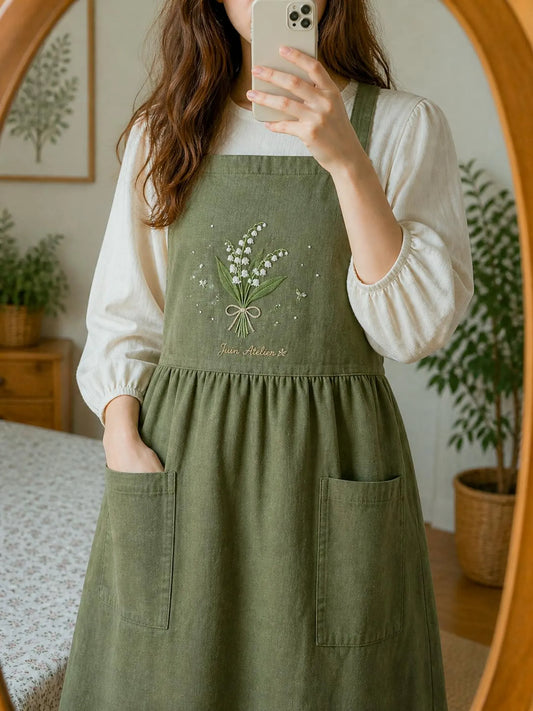 Hand Embroidered Linen Apron Dress, Lily of the Valley Dress, Cottagecore Olive Linen Dress Personalized Floral Apron, Rustic Elegant Outfit