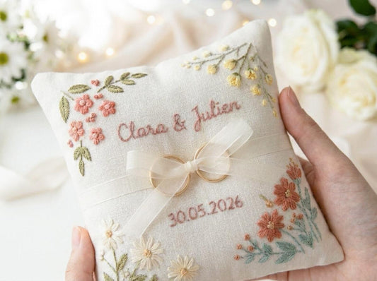 Personalized Ring Bearer Pillow, Embroidered Linen Wedding Pillow, Floral Corner Ring Cushion, Custom Names & Date, Rustic Bridal Accessory