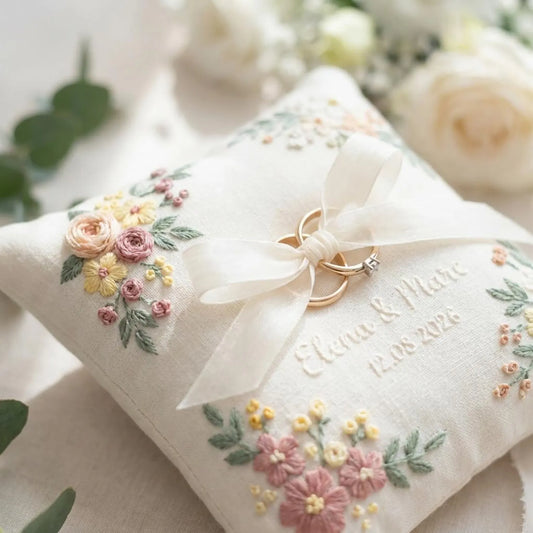 Personalized Floral Border Ring Bearer Pillow, Embroidered Wedding Pillow with Names Date, Custom Linen Ring Pillow, Handmade Wedding