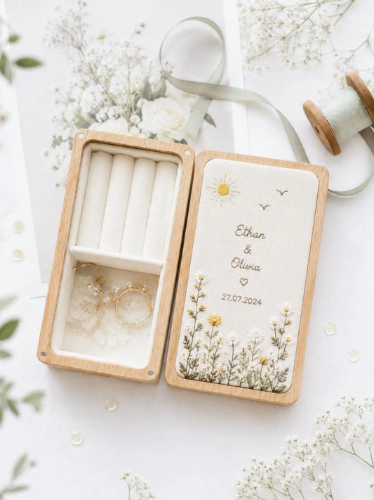 Hand Embroidered Sunshine Meadow Wooden Jewelry Box, Personalized Linen Ring Box, Vintage Wooden Keepsake Case, Bridesmaid Gift, Wedding Ring Holder