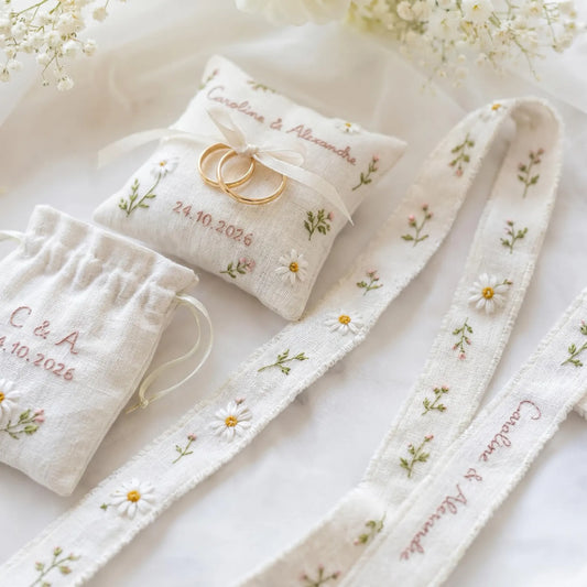 Personalized Wedding Ring Pillow Set, Embroidered Linen Handmade Ring Bearer Pillow, Custom Handfasting Ribbon, Handmade Bridal Pouch Gift
