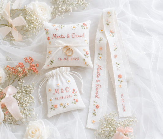 Personalized Wedding Embroidery Set of 3, Ring Bearer Pillow, Wedding Ribbon, Keepsake Pouch, Coral Floral Bridal Gift for Couples With Date