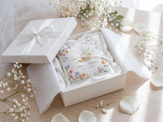 Personalized Floral Border Ring Bearer Pillow, Embroidered Wedding Pillow with Names Date, Custom Linen Ring Pillow, Handmade Wedding