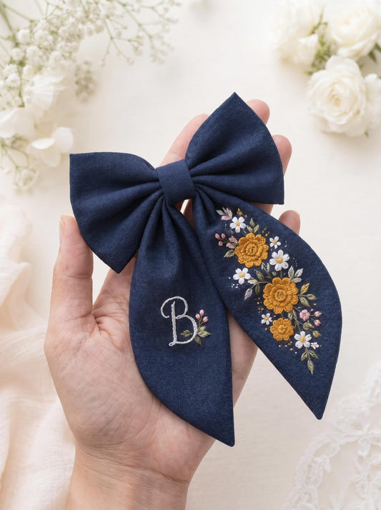 Personalized Mustard Wildflowers Linen Hair Bow – Hand Embroidered Flower Bow with Initial – Custom Name Text Bow for Girls, Handmade Hairpin Bow for Girl