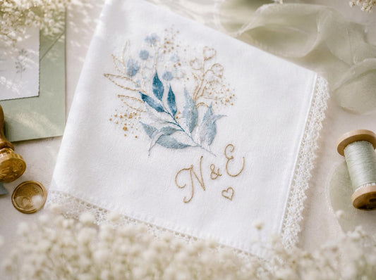 Embroidered Celestial Floral Wedding Handkerchief – Custom Floral Hankie for Bride, Bridal Gift, Personalized with Name & Date, Gift for Bride