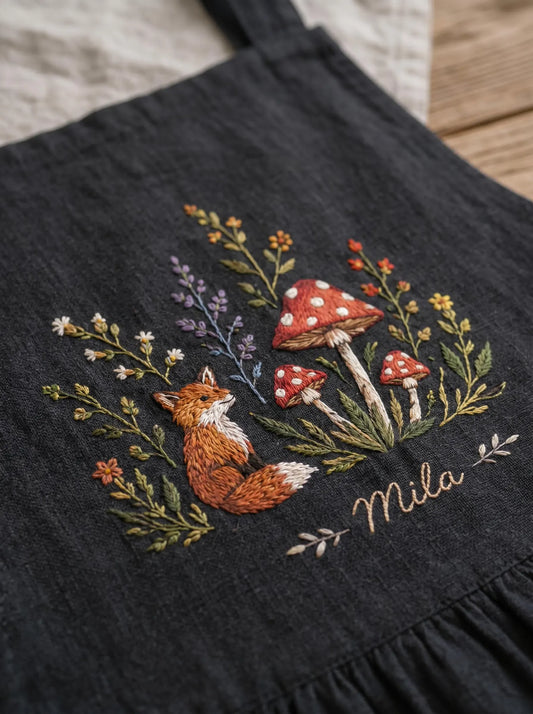 Personalized Fox Linen Apron, Hand Embroidered Woodland Animal Apron with Name, Cottagecore Autumn Apron, Custom Gift for Her