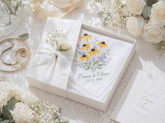 Personalized Embroidered Wedding Handkerchief, Custom Sunflower Floral Hanky, Handmade Bridal Keepsake Gift for Bride Groom Mom, Custom Date