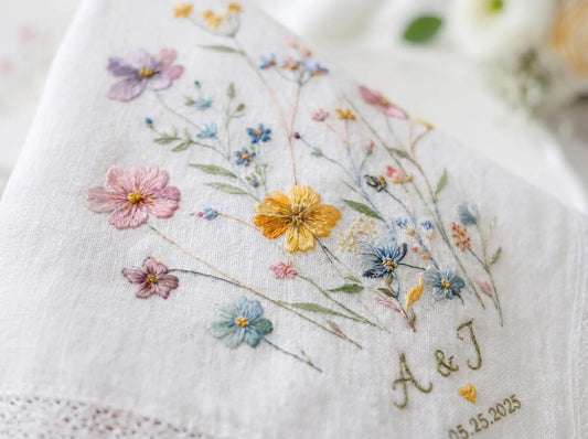 Embroidered Floral Posy Wedding Handkerchief – Custom Floral Hankie for Bride, Bridal Gift, Personalized with Name & Date, Gift for Bride