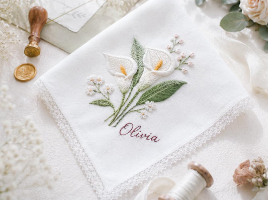 Luxury Embroidered Wedding Handkerchief, Calla Lily Floral Bridal Hanky, Personalized Linen Keepsake Gift for Bride, Mother of Bride Wedding