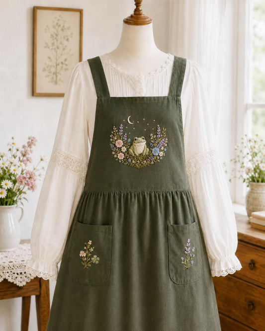 Cute Custom Embroidered Frog Apron, Cottagecore Floral Pinafore, Moon Stars Floral Hand Embroidery Apron, Personalized Gardener Gift for Her