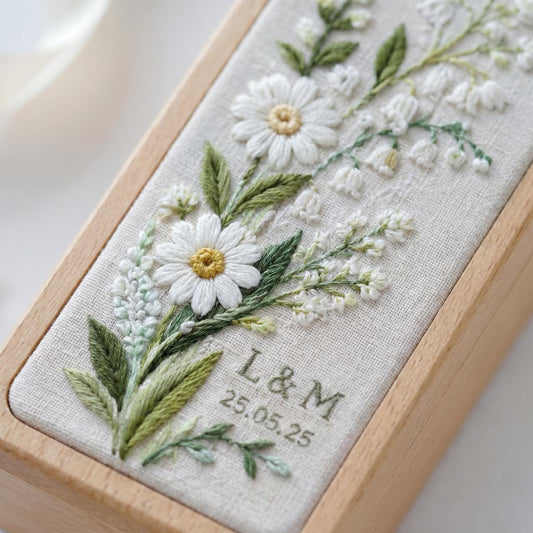 Personalized Daisy Lily of the Valley Wooden Jewelry Box, Embroidered Floral Ring Box, Custom Wedding Keepsake, Bridesmaid Gift for Her Gift